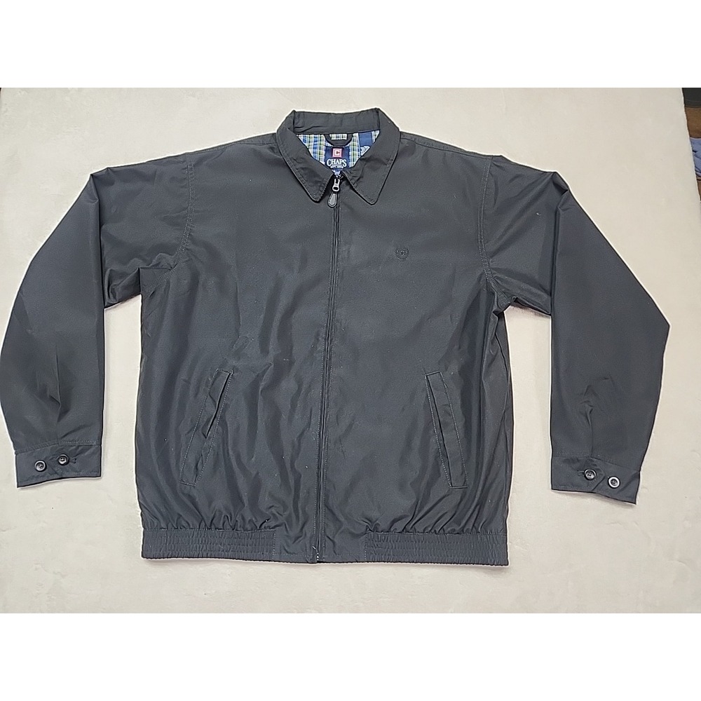 Chaps RL Full Zip Windbreaker Jacket Sz L Black Pockets‎ Logo Classic New